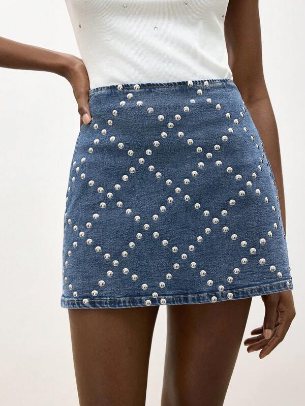 Maija Women's Casual Beaded Denim Mini Skirt, Summer
