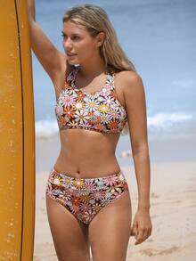 SHEIN Swim SPRTY Women's Tropical Print Criss-Cross Back 2 Pieces Swimwear Set, Suitable For Swimming, Surfing, Beach, Summer - Multicolor - View 3