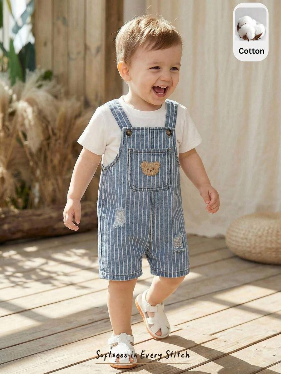 Cozy Pixies 男婴卡通熊图案前口袋背带牛仔连体裤 - 藍色 - 查看 1