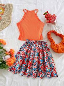 Girls' Knit Vest Top And Printed Skirt Set, Suitable For Daily Commute, Outings, And Exhibition Events, Lively And Cute Style, Teen Summer Outfit Set, Teen Set, Summer Holiday - Multicolor - View 2
