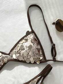 Swim Vcay Bộ bikini hai mảnh màu vàng sâm panh đính sequin, kiểu dáng buộc dây hai bên, thích hợp cho nữ đi biển mùa hè. - Rượu sâm banh - Xem 4
