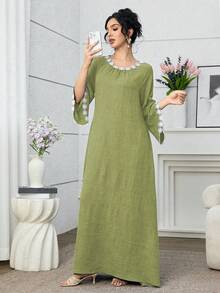 Al Najma Women's Elegant Floral Patchwork Water-Soluble Lace Arabic Style Dress - Green - View 6