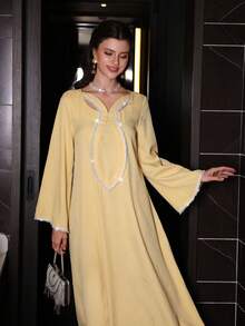 Al Najma 女士优雅休闲阿拉伯风格编织连衣裙，饰有珍珠缎带，长袖，黄色，春夏款 - 黃色 - 查看 3