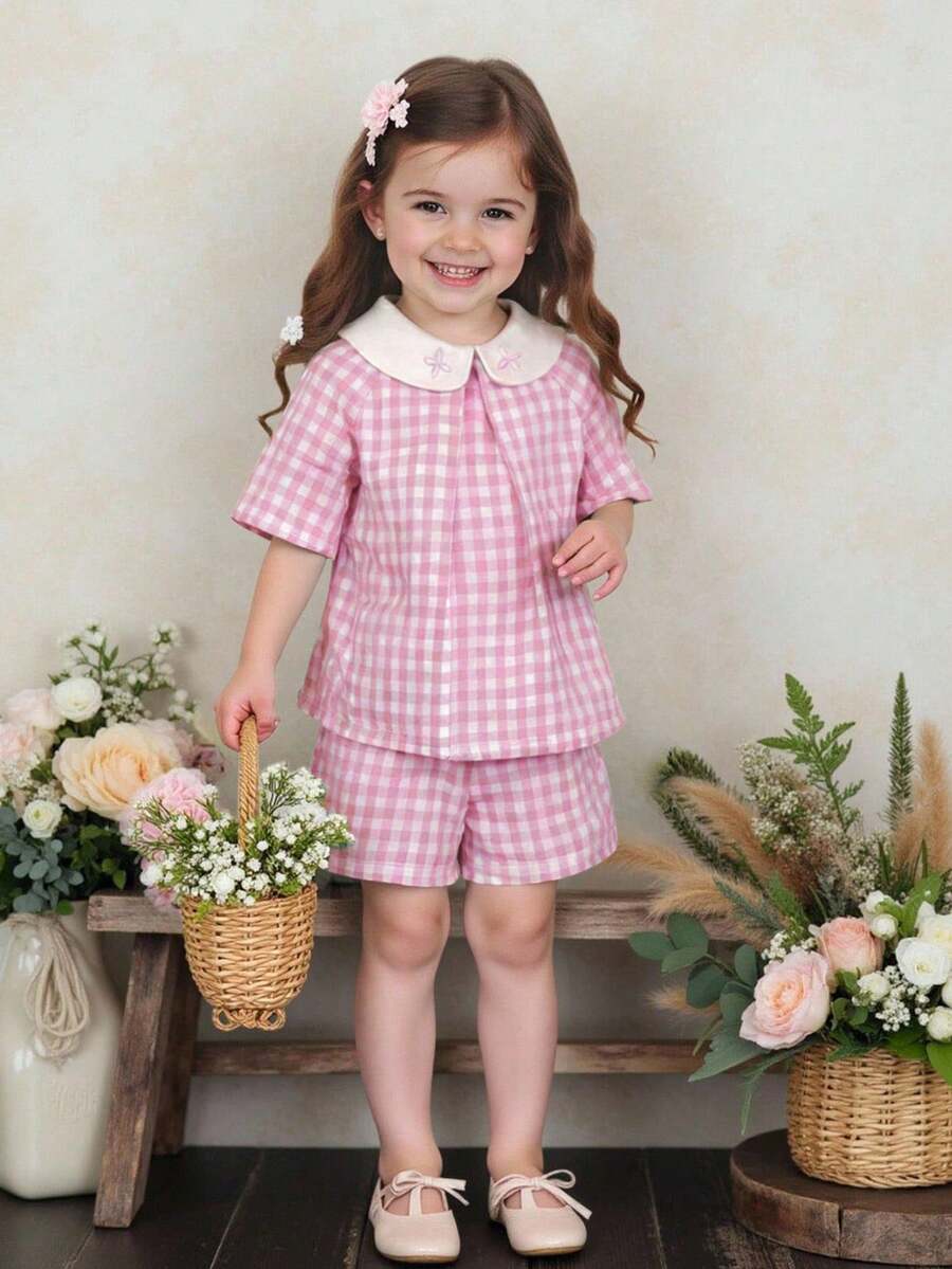 Souflis Souflis 2件套女婴幼儿新生儿春夏优雅公主风白色粉色彼得潘领荷叶边上衣+短裤套装 - 粉色 - 查看 1