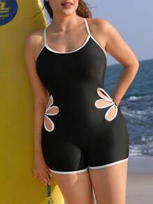 Swim SPRTY 大码女士夏季冲浪连体衣，圆领腰部花卉镂空时尚设计，性感显瘦一体式泳衣，沙滩度假运动冲浪休闲装 - 黑色 - 查看 4
