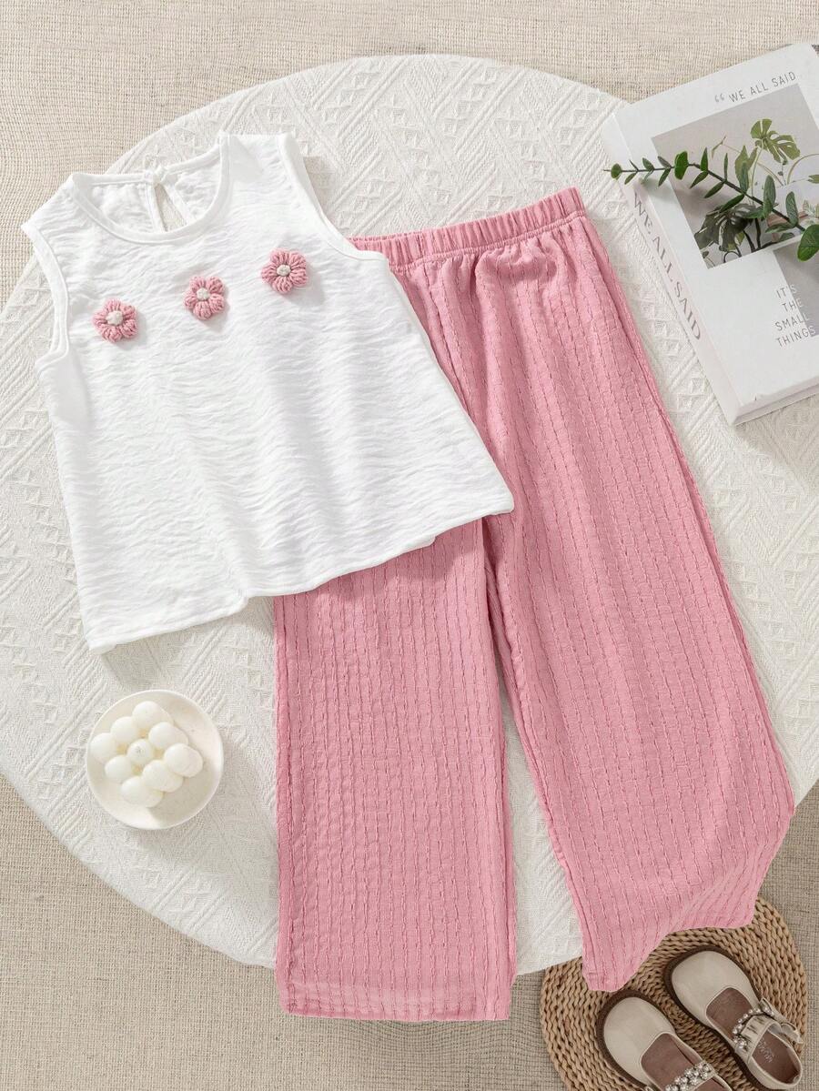 SHEIN 2pcs/Set Toddler Girls' Cute 3D Bow Sleeveless Top And Wide Leg Cropped Pants Set,Summer Family Matching Kids Clothes Outfit For Vacation & Outings - Multicolor - View 1