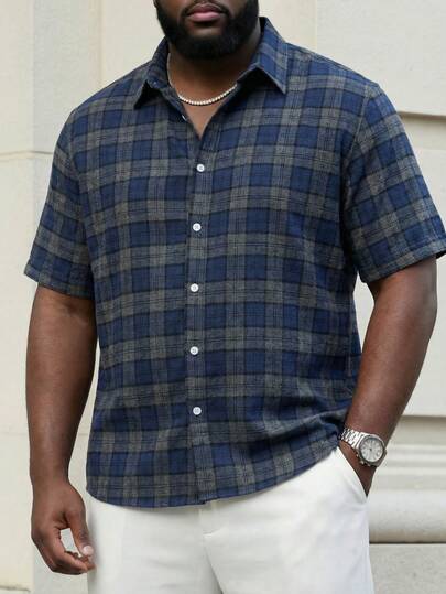 ResortEase 夏季大码男士格子单排扣短袖衬衫