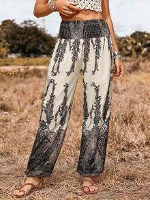 LanaWest Women's Retro Print Casual Loose Elastic Waist Pants, With Drawstring Hem, Suitable For Holiday Wear - Multicolor - View 5