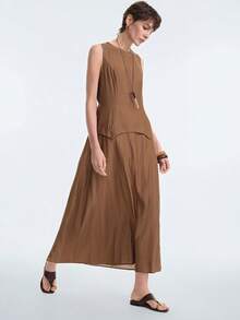 Aalyst 女士纯色褶皱面料圆领无袖收腰弹力腰长连衣裙，卡其棕色，优雅法式复古浪漫简约风，适合办公室、通勤、商务、休闲、海滩、日常穿着，春夏款 - 棕色 - 查看 5