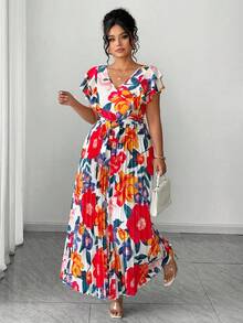 SHEIN Elenzya 大码优雅印花褶皱连衣裙，夏季 - 粉色 - 查看 6