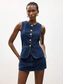 Maija 女士休闲牛仔背心和短裙套装，夏季 - 深色水洗藍 - 查看 1