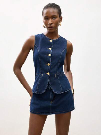 Maija Women's Casual Denim Vest And Skirt Shorts Set, Summer