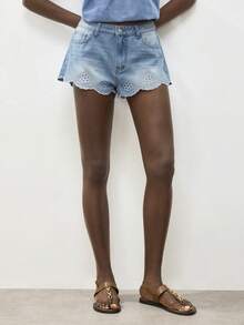 Maija 女士夏季休闲刺绣贝壳边牛仔短裤 - 淺色水洗藍 - 查看 7