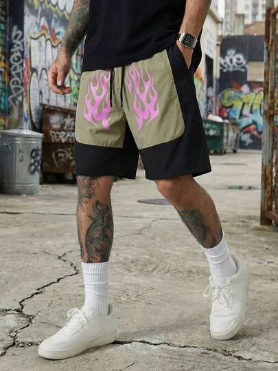 Manfinity EMRG Men's Flame Print Drawstring Waist Pocket Casual Shorts