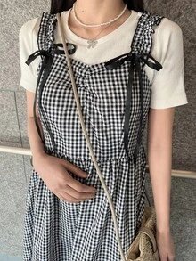 FRIFUL 女士吊带格子A字连衣裙，肩带饰有蝴蝶结 - 黑與白 - 查看 2