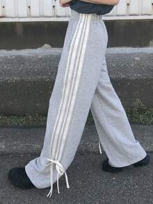 FRIFUL Women's Casual Contrast Striped Drawstring Pants School - Grey - View 5