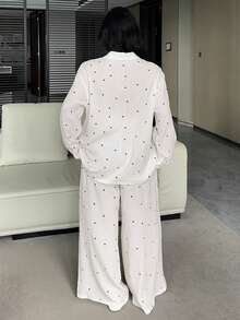 Dazy Plus Heart Print Loose Long Sleeve Top And Long Pants Pajama Set, Plus Size Women Spring/Autumn Sleepwear - White - View 6