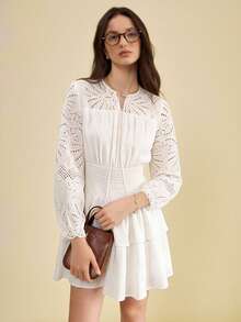 Muvela New Spring/Summer White Collar Tie Bow Hollow Embroidered Patchwork Layered Ruffle Waist Cinched Design Women Dress - White - View 3