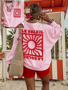 DrmWander 女士度假风休闲字母太阳印花圆领落肩长袖卫衣 - 粉色 - 查看 1
