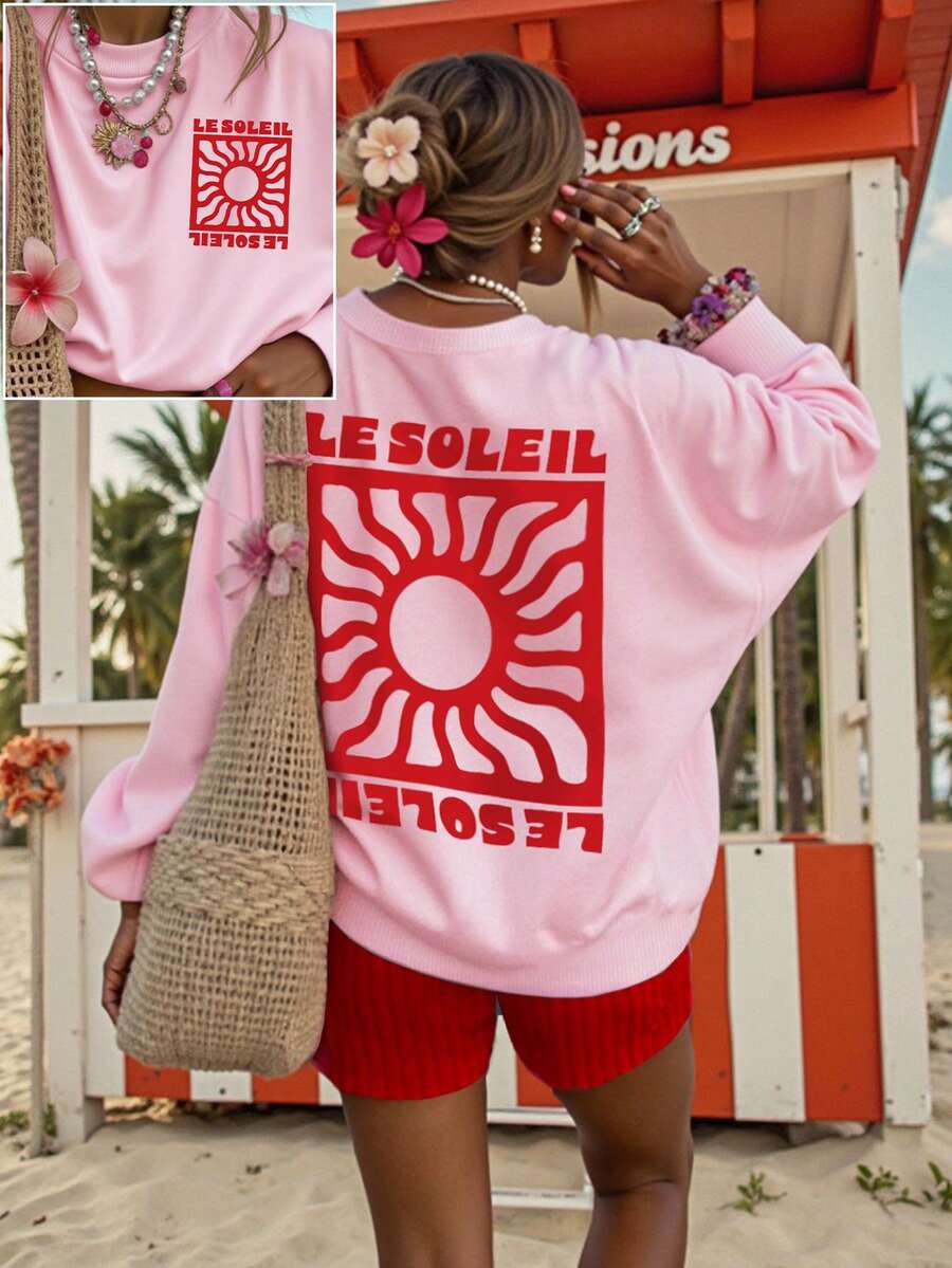 DrmWander 女士度假风休闲字母太阳印花圆领落肩长袖卫衣 - 粉色 - 查看 1