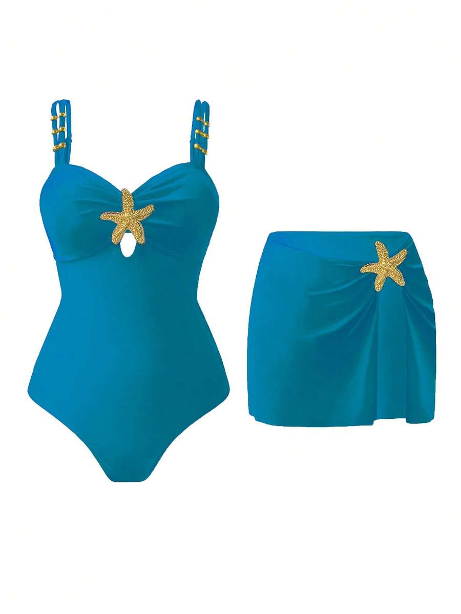 Swim Oasis Maiô de uma peça com decoração de pentagrama fofo, casual e de férias, para uso em piscina, traje de praia para mulheres, conjunto de maiô, fantasia de natação para mulheres, traje de festa na piscina para mulheres - Verde Escuro - Visão 1