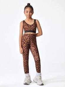 SHEIN Conjunto deportivo de estampado de leopardo para niñas preadolescentes, sujetador deportivo y conjunto de shorts de moda, adecuado para entrenamiento, yoga, uso casual - Multicolor - Ver 4