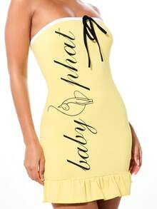 BABYPHAT Đầm mini quây bằng vải jersey với chi tiết buộc dây, viền bèo nhún, không dây đeo, ôm sát cơ thể, màu vàng, thích hợp cho tiệc mùa hè. - Màu vàng - Xem 4