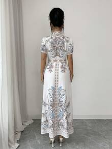Selianne Vestido de mujer estilo palacio, vestido largo con estampado y cintura anudada con mangas francesas abullonadas, vestido elegante para mujer - Blanco - Ver 2