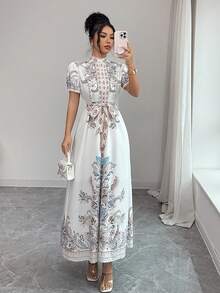 Selianne Vestido de mujer estilo palacio, vestido largo con estampado y cintura anudada con mangas francesas abullonadas, vestido elegante para mujer - Blanco - Ver 3