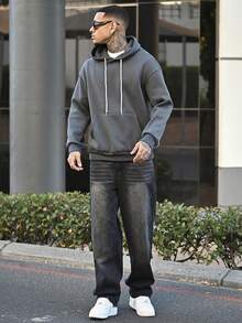 Devon Thys 男士休闲轻薄套头连帽衫，印有耶稣十字架字母图案，抽绳设计，宽松版型，适合春秋季穿着。 - 灰色 - 查看 1