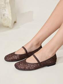 CUCCOO CHICEST Giày bệt nữ màu nâu cà phê lưới họa tiết hoa, mũi vuông, có quai chữ, thoải mái, mềm mại, đơn giản, phù hợp đi làm. - Cà phê nâu - Xem 5