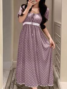 DAZY French Floral Ruched Tie-Up Lace Patchwork Waist Maxi Nightgown, Women Sleepwear Dress - Mauve Purple - View 3