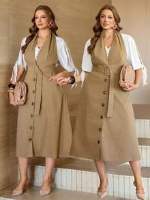 Elenzga Đầm dài không tay dáng suông cho nữ cỡ lớn, đầm midi không tay, mở phía trước, thắt eo, có túi, kiểu dáng tối giản, thích hợp mặc đi làm, đi nghỉ mát hoặc mặc hàng ngày. - Màu Khaki - Xem 1