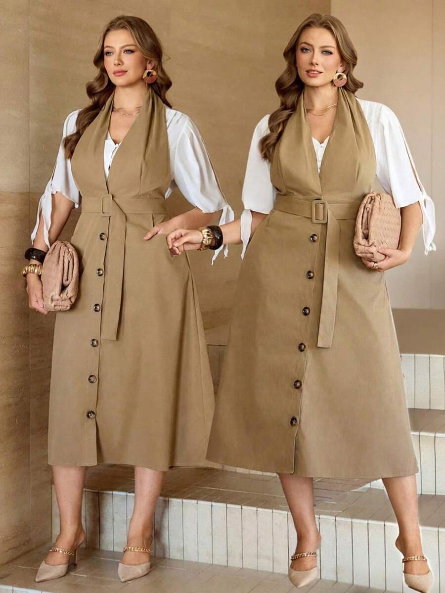 Elenzga Đầm dài không tay dáng suông cho nữ cỡ lớn, đầm midi không tay, mở phía trước, thắt eo, có túi, kiểu dáng tối giản, thích hợp mặc đi làm, đi nghỉ mát hoặc mặc hàng ngày. - Màu Khaki - Xem 1