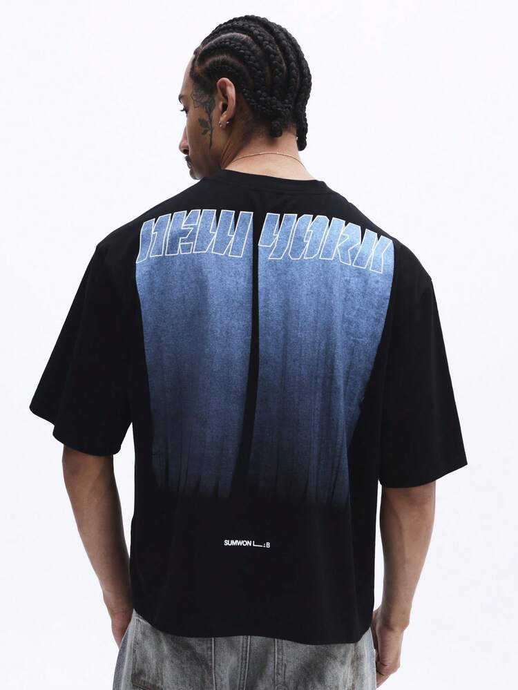 Black Oversized Graphic Tee With Blue Text