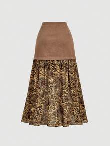 SHEIN MOD Women's Summer Fashion Animal Print Patchwork Asymmetric Hem Skirt - Coffee Brown - View 4