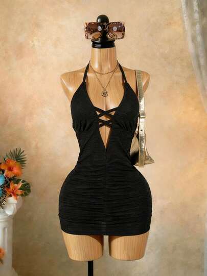 Solea Vida 女士性感露背系带修身连衣裙，简约纯色，适合海滩度假