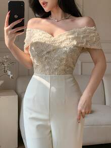 DAZY 女士优雅亮片拼接露肩阔腿连体裤，夏季 - 米色 - 查看 10