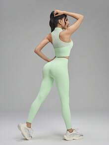Innovista Women Other Dance Clothes Green Gym Set 2pcs Sleeveless High Neck Bra Tank & High Waist Leggings, Removable Pads, Breathable Mesh Back, Side Pocket Pants, Seamless Stretch, Sculpting Tummy Control, Yoga Pilates Training Run, Pilates Set / Clean Girl Aesthetic / Athleisure / Pocket Leggings / Studio Wear / Airport Outfit / Spring Green - Green - View 8
