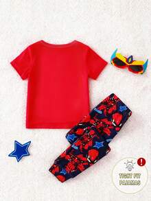 一套男婴紧身睡衣，春秋季蜘蛛侠和超级英雄印花圆领短袖长裤睡衣套装 - 藍色 - 查看 2