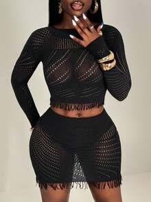 BamGleam Women's Sexy Hollow Out Mesh Sheer Bodycon 2 Pieces Set - Black - View 3