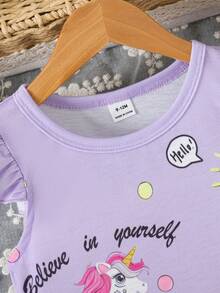 SHEIN Baby Girl Round Neck Cartoon Letter Print Ruffle Sleeve Dress, Suitable For Daily Wear - Purple - View 9