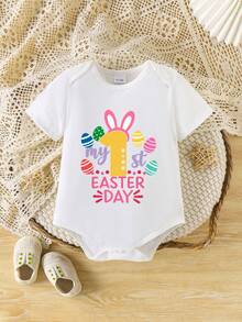 Newborn Baby Cute Colorful Rabbit, Easter Egg, Number & Letter Print One-Piece Outfit, Comfortable For Spring/Summer - Multicolor - View 7