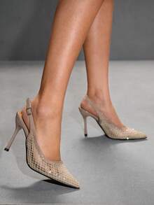 CUCCOO SZL Women's Pointed Toe Apricot Mesh Fabric Metallic Buckle Backstrap Open Toe Fashion Pumps, Elegant For Office And Commute - Apricot - View 6