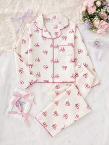 女学生睡衣，女孩可爱樱桃印花长裤和长袖休闲两件套家居服套装 - 杏色 - 查看 6