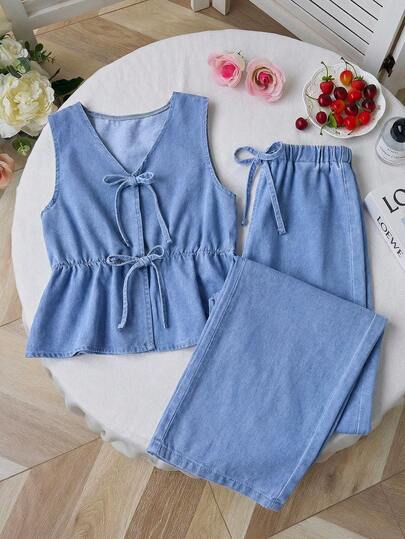 Set de 2 piezas de chaleco sin mangas de mezclilla azul y pantalones de corte holgado para niñas preadolescentes