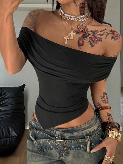 Coolane Women's Spring/Summer Y2K Fashion Streetwear Music Festival Concert Party Casual Stretchy Comfortable Ruched Black Fitted Off The Shoulder Pleated Tops