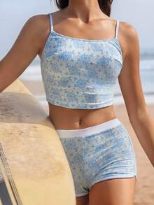 Swim SPRTY 2pcs Women Floral Textured Fabric Cute Summer Surfing Beach Vacation Bikini Set - Blue - View 1