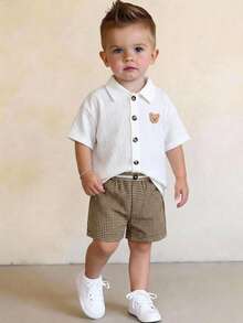 SHEIN 2pcs/Set Toddler Boys' Casual Cute Bear Pattern Short Sleeve Shirt And Plaid Shorts Set, Spring/Summer Baby Boy Clothes, Outfits Toddler Boy Outfit Baby Clothes Neutral - Brown - View 3