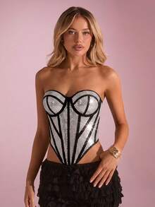 Glamine Women's Black And Silver Rhinestone Corset Top,Metallic Bandeau Top With Contrast Trim And Asymmetric Hem,Summer 70s Party Tops - Apricot - View 3